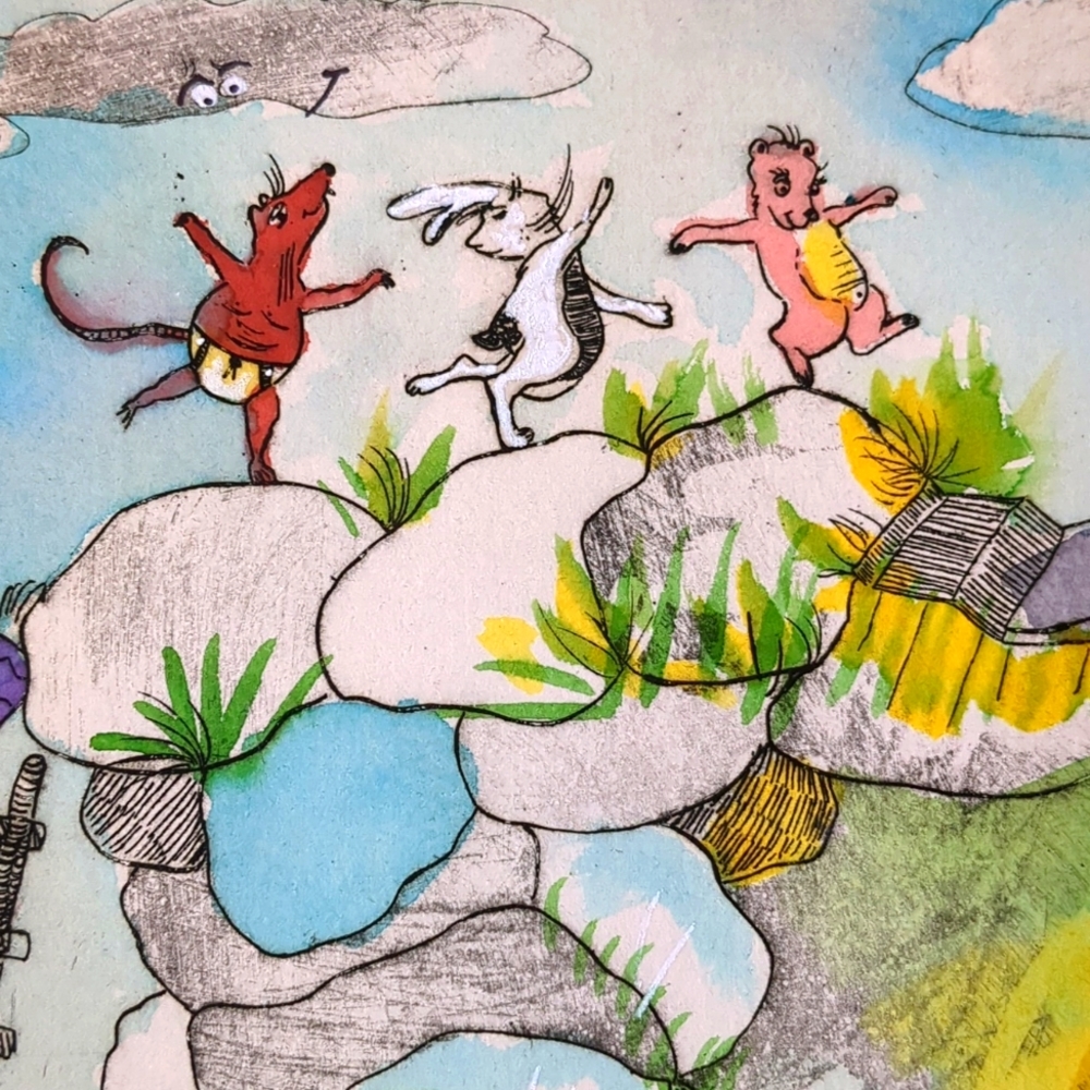 Hand colored original signed Etching And Watercolor Original Elephant Magic